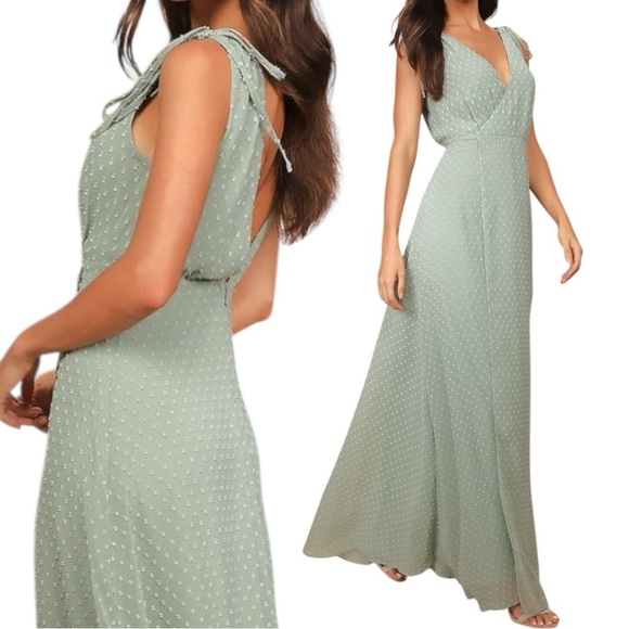 Lulus Romantic Possibilities Sage Brush Swiss Dot Maxi Dress sz L - Picture 8 of 13